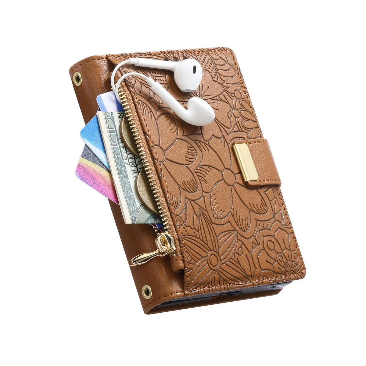 For  iPhone Duo Flowers Leaves Zipper Wallet Leather Phone Case with Strap - Brown - SYA003480301C