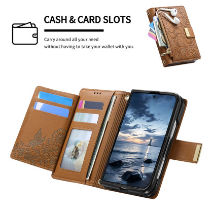 For  iPhone Duo Flowers Leaves Zipper Wallet Leather Phone Case with Strap - Brown - SYA003480301C