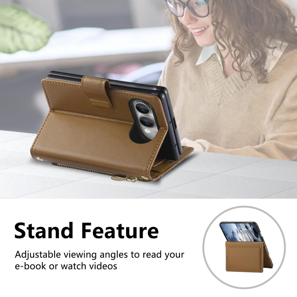 For  iPhone Duo Flowers Leaves Zipper Wallet Leather Phone Case with Strap - Brown - SYA003480301C