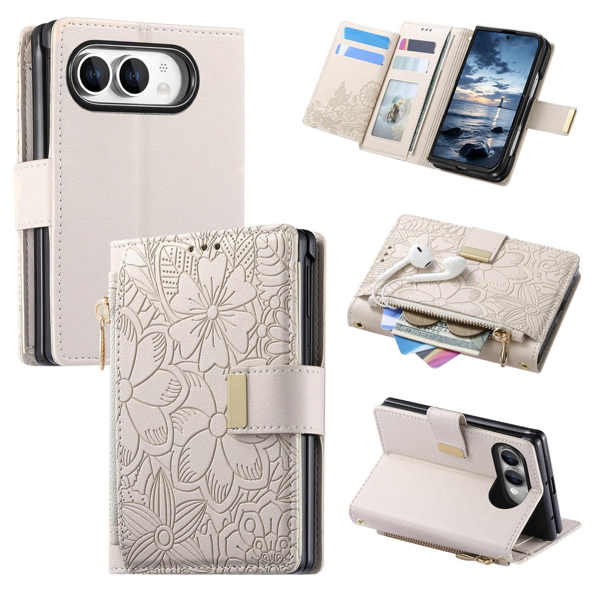 For  iPhone Duo Flowers Leaves Zipper Wallet Leather Phone Case with Strap - Khaki - SYA003480301D
