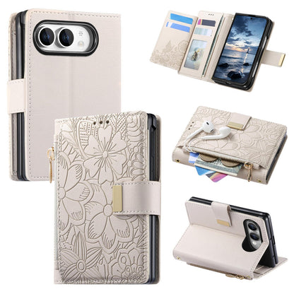 For  iPhone Duo Flowers Leaves Zipper Wallet Leather Phone Case with Strap - Khaki - SYA003480301D