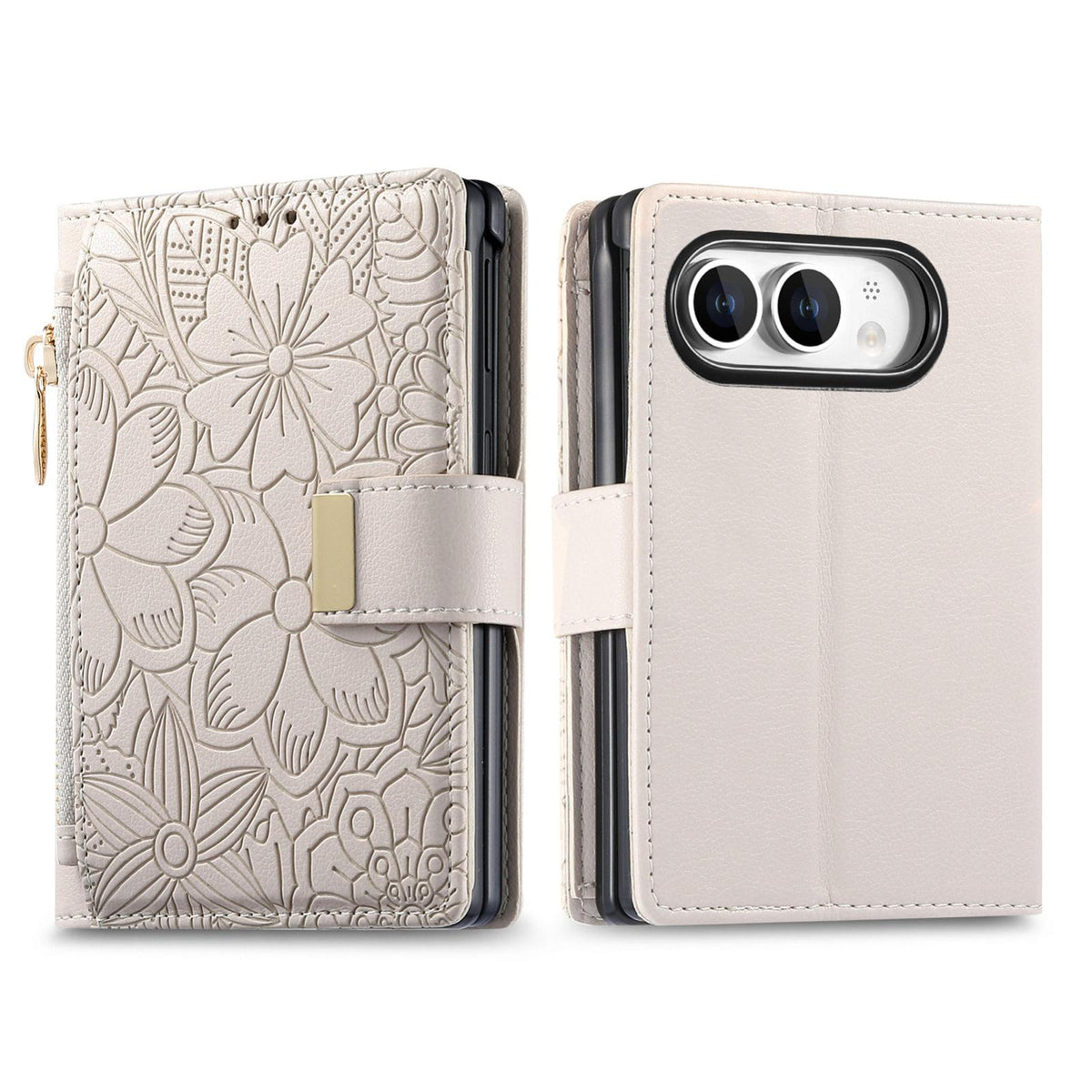 For  iPhone Duo Flowers Leaves Zipper Wallet Leather Phone Case with Strap - Khaki - SYA003480301D