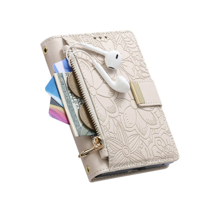 For  iPhone Duo Flowers Leaves Zipper Wallet Leather Phone Case with Strap - Khaki - SYA003480301D