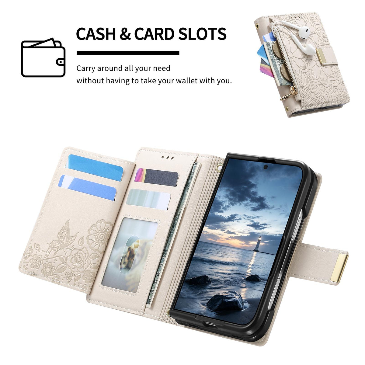 For  iPhone Duo Flowers Leaves Zipper Wallet Leather Phone Case with Strap - Khaki - SYA003480301D