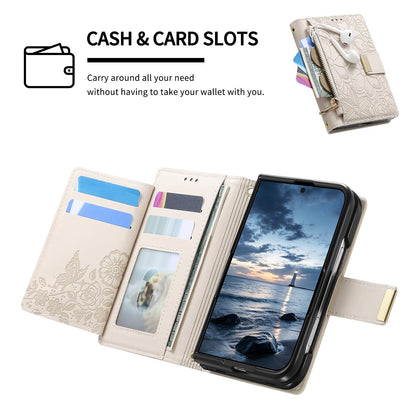 For  iPhone Duo Flowers Leaves Zipper Wallet Leather Phone Case with Strap - Khaki - SYA003480301D