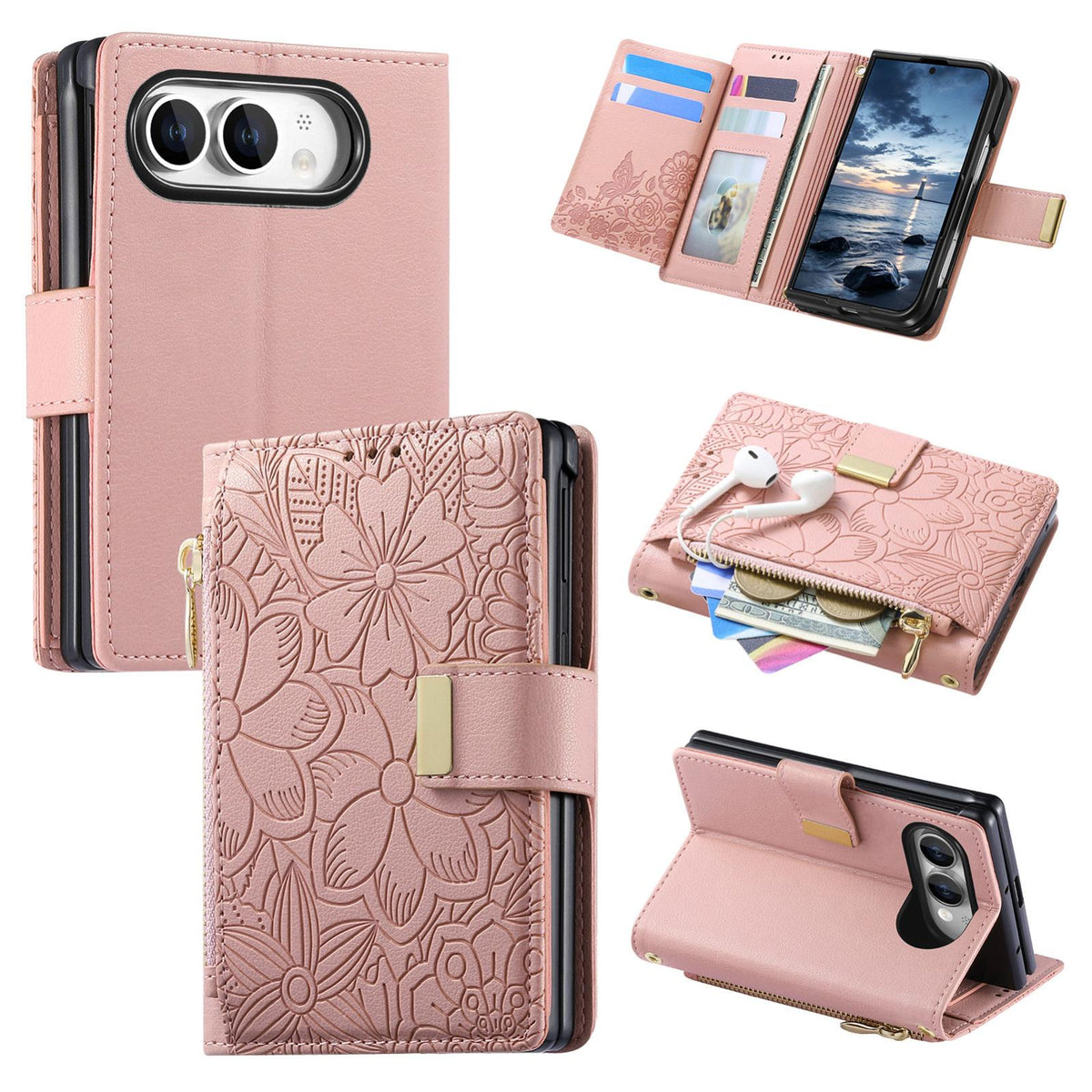 For  iPhone Duo Flowers Leaves Zipper Wallet Leather Phone Case with Strap - Pink - SYA003480301E