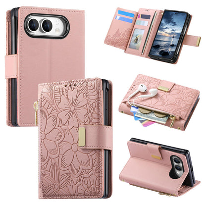 For  iPhone Duo Flowers Leaves Zipper Wallet Leather Phone Case with Strap - Pink - SYA003480301E