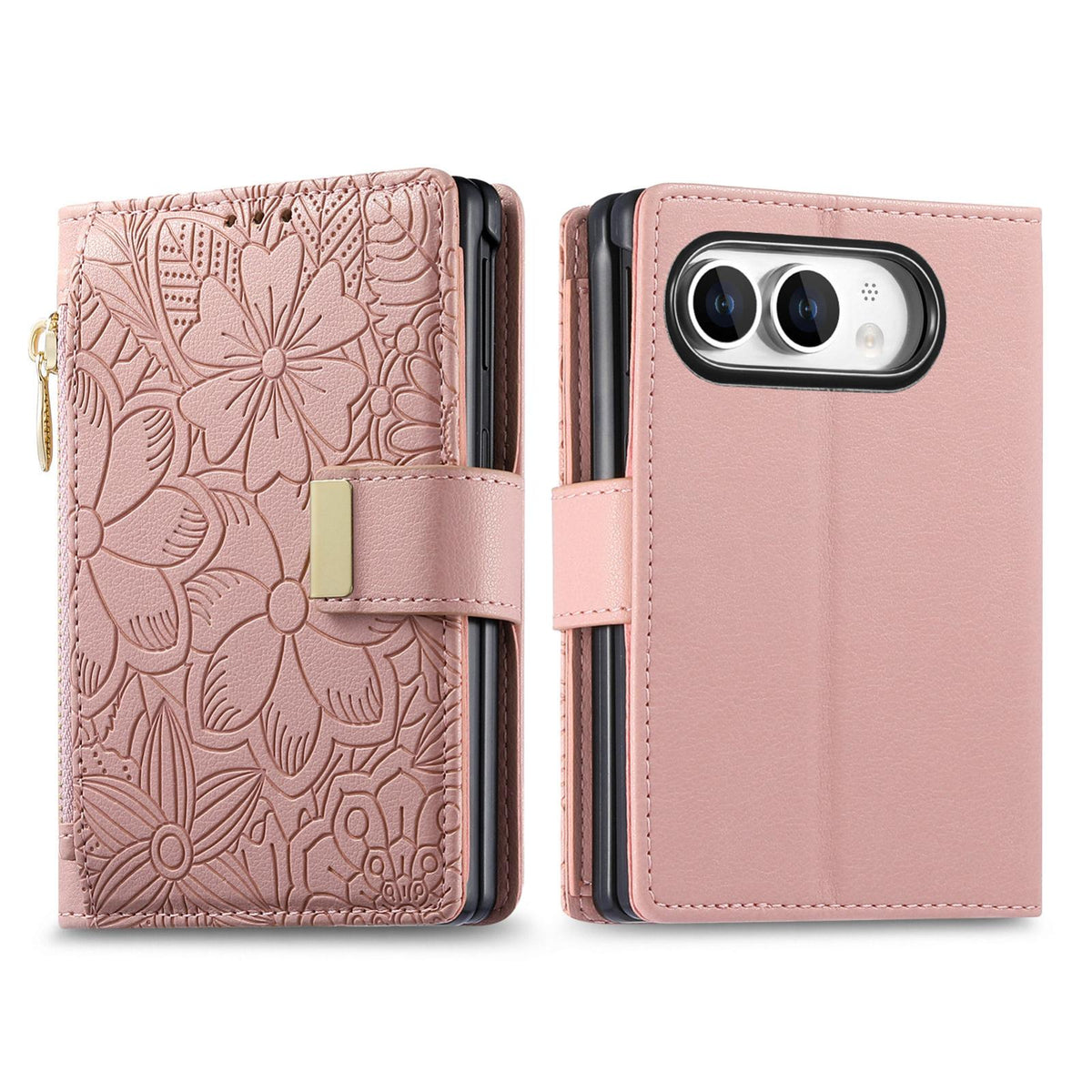 For  iPhone Duo Flowers Leaves Zipper Wallet Leather Phone Case with Strap - Pink - SYA003480301E