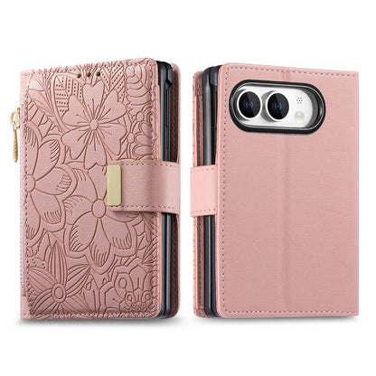 For  iPhone Duo Flowers Leaves Zipper Wallet Leather Phone Case with Strap - Pink - SYA003480301E
