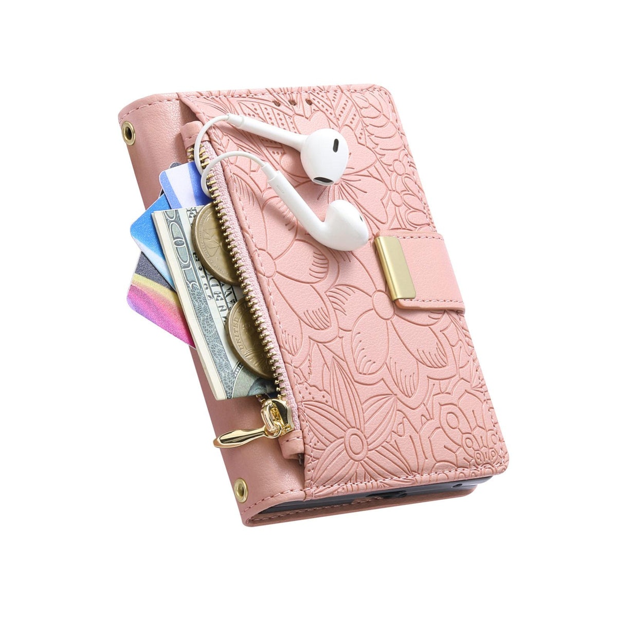 For  iPhone Duo Flowers Leaves Zipper Wallet Leather Phone Case with Strap - Pink - SYA003480301E