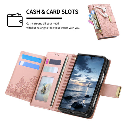 For  iPhone Duo Flowers Leaves Zipper Wallet Leather Phone Case with Strap - Pink - SYA003480301E