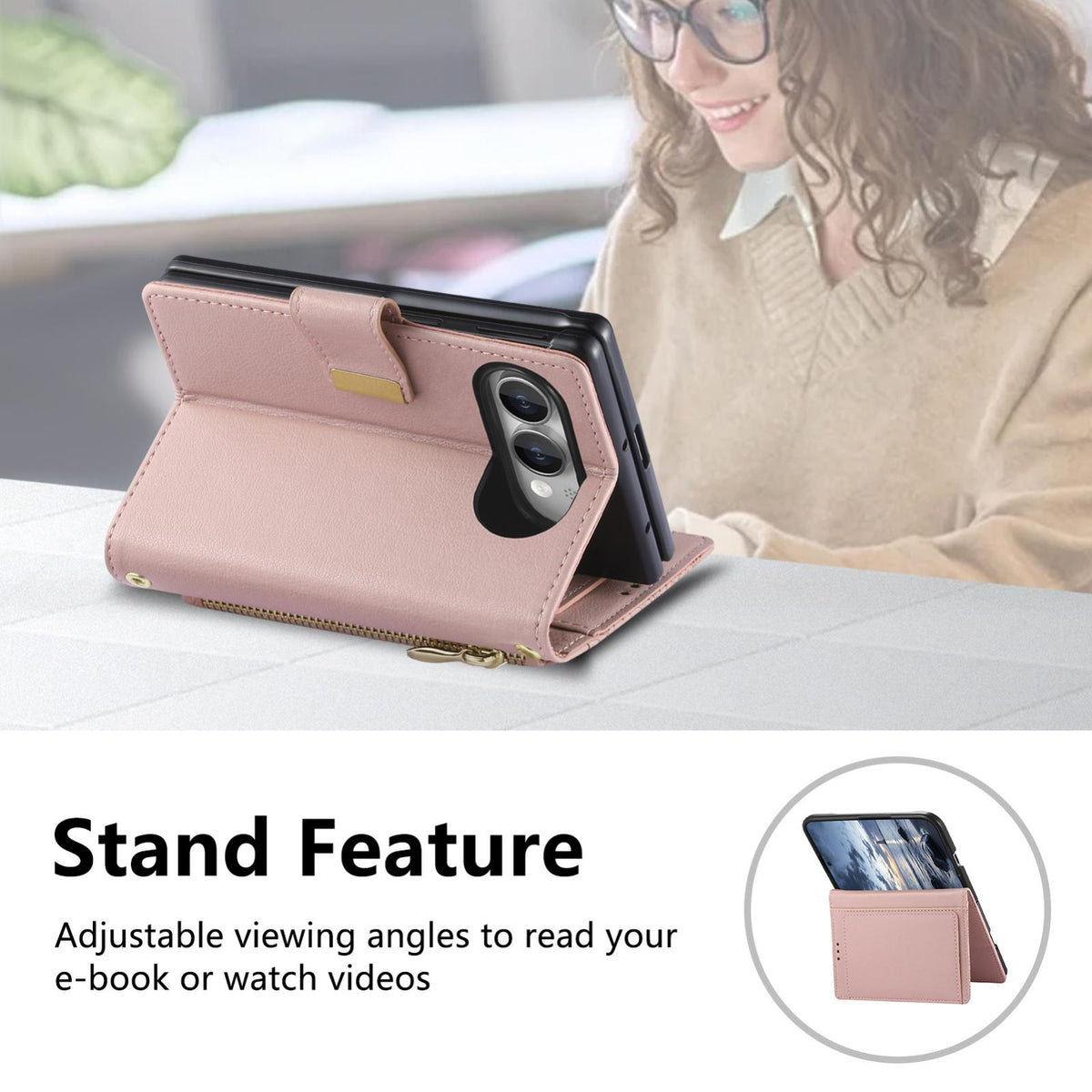 For  iPhone Duo Flowers Leaves Zipper Wallet Leather Phone Case with Strap - Pink - SYA003480301E