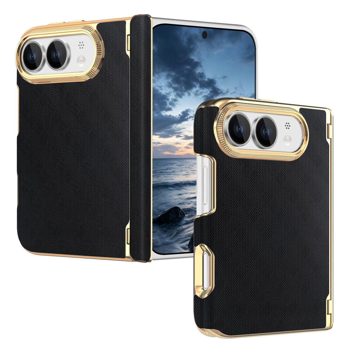 For  iPhone Duo Geometric Mesh Texture Vegan Leather Dual-Hinge Phone Case - black - SYA003480401A