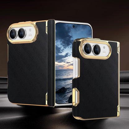 For  iPhone Duo Geometric Mesh Texture Vegan Leather Dual-Hinge Phone Case - black - SYA003480401A
