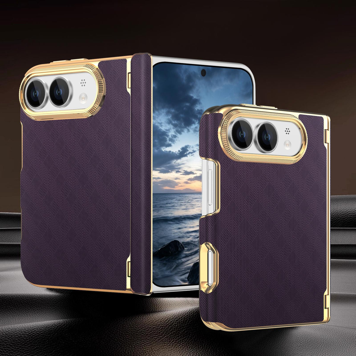 For  iPhone Duo Geometric Mesh Texture Vegan Leather Dual-Hinge Phone Case - Purple - SYA003480401B