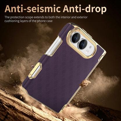 For  iPhone Duo Geometric Mesh Texture Vegan Leather Dual-Hinge Phone Case - Purple - SYA003480401B