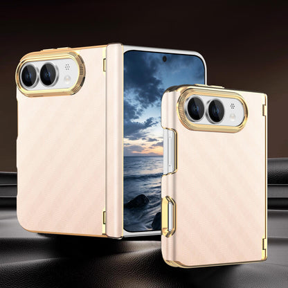 For  iPhone Duo Geometric Mesh Texture Vegan Leather Dual-Hinge Phone Case - Pink - SYA003480401C