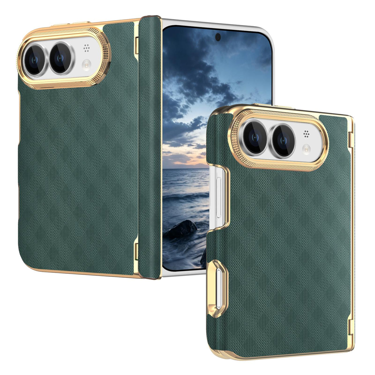 For  iPhone Duo Geometric Mesh Texture Vegan Leather Dual-Hinge Phone Case - Green - SYA003480401D