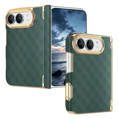 For  iPhone Duo Geometric Mesh Texture Vegan Leather Dual-Hinge Phone Case - Green - SYA003480401D