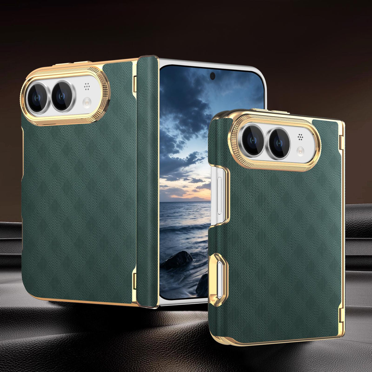 For  iPhone Duo Geometric Mesh Texture Vegan Leather Dual-Hinge Phone Case - Green - SYA003480401D