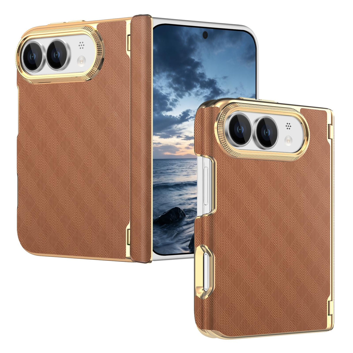 For  iPhone Duo Geometric Mesh Texture Vegan Leather Dual-Hinge Phone Case - Brow - SYA003480401E