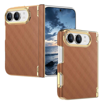 For  iPhone Duo Geometric Mesh Texture Vegan Leather Dual-Hinge Phone Case - Brow - SYA003480401E