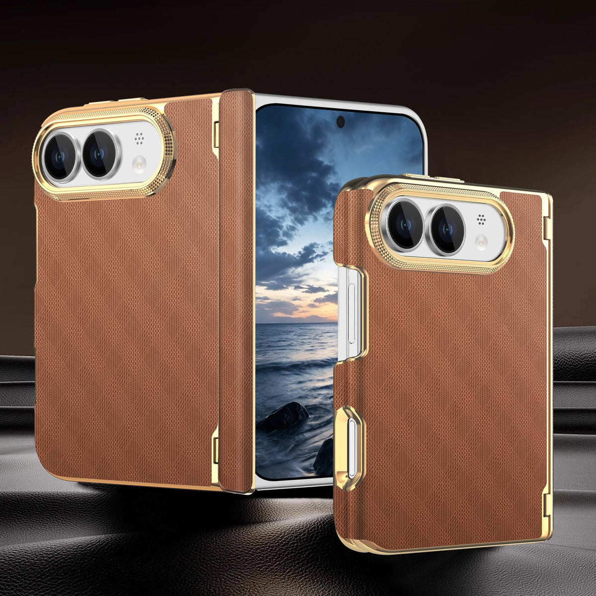 For  iPhone Duo Geometric Mesh Texture Vegan Leather Dual-Hinge Phone Case - Brow - SYA003480401E
