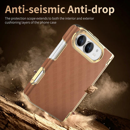 For  iPhone Duo Geometric Mesh Texture Vegan Leather Dual-Hinge Phone Case - Brow - SYA003480401E