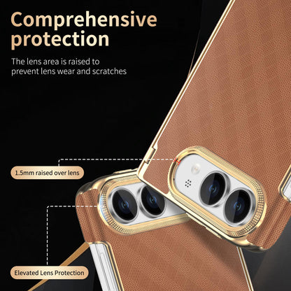 For  iPhone Duo Geometric Mesh Texture Vegan Leather Dual-Hinge Phone Case - Brow - SYA003480401E