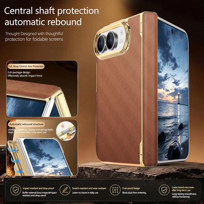 For  iPhone Duo Geometric Mesh Texture Vegan Leather Dual-Hinge Phone Case - Brow - SYA003480401E