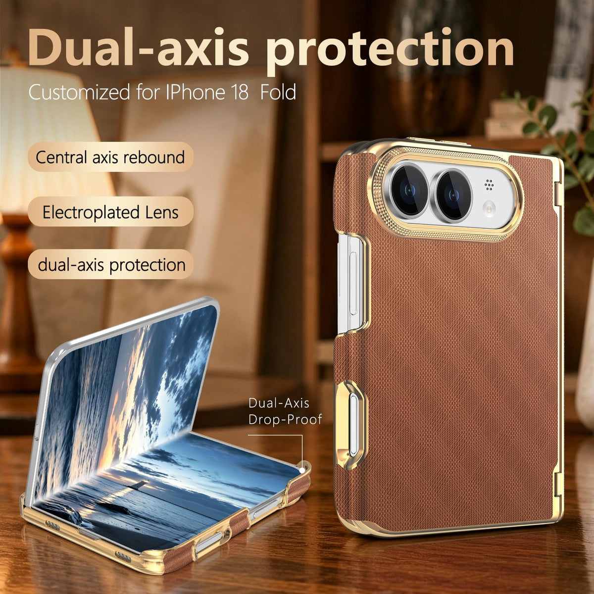 For  iPhone Duo Geometric Mesh Texture Vegan Leather Dual-Hinge Phone Case - Brow - SYA003480401E
