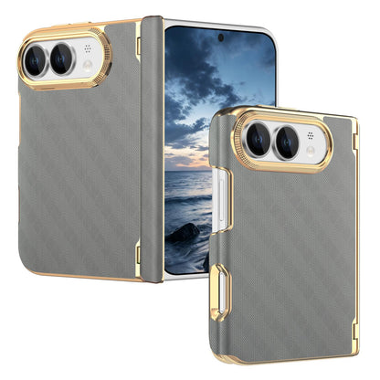 For  iPhone Duo Geometric Mesh Texture Vegan Leather Dual-Hinge Phone Case - Grey - SYA003480401F
