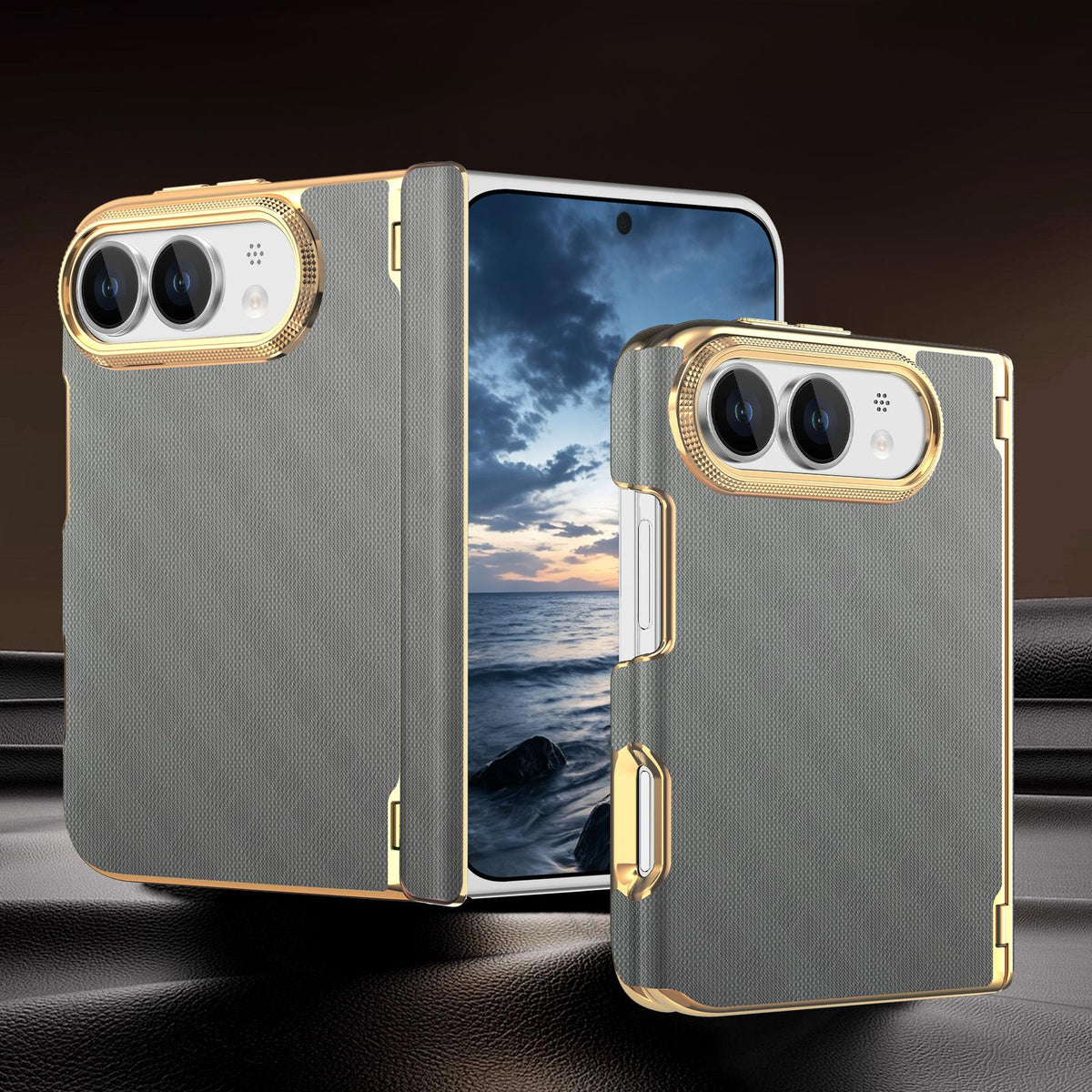 For  iPhone Duo Geometric Mesh Texture Vegan Leather Dual-Hinge Phone Case - Grey - SYA003480401F
