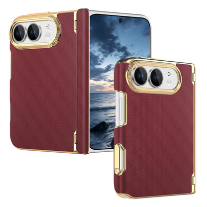 For  iPhone Duo Geometric Mesh Texture Vegan Leather Dual-Hinge Phone Case - Red - SYA003480401G