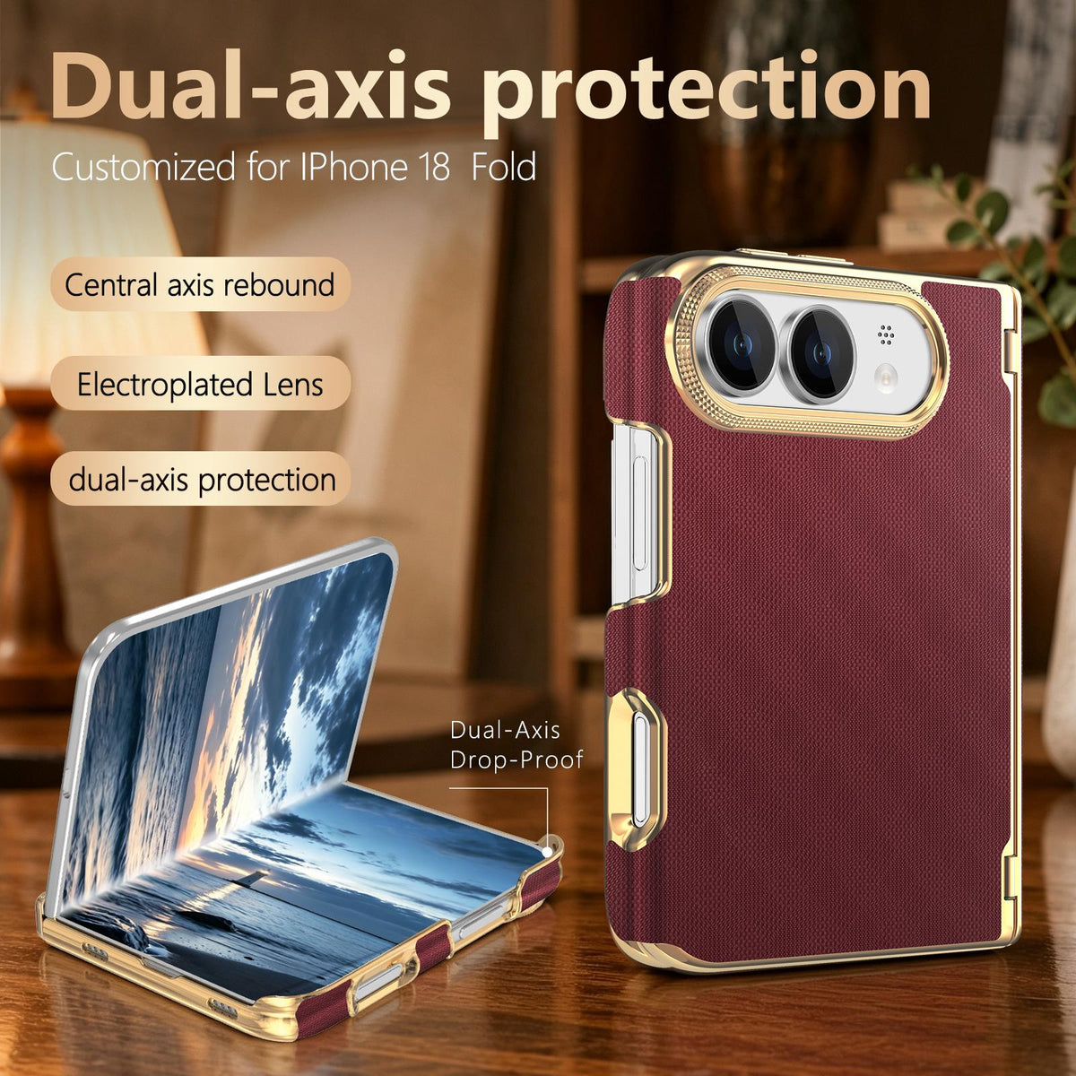 For  iPhone Duo Geometric Mesh Texture Vegan Leather Dual-Hinge Phone Case - Red - SYA003480401G
