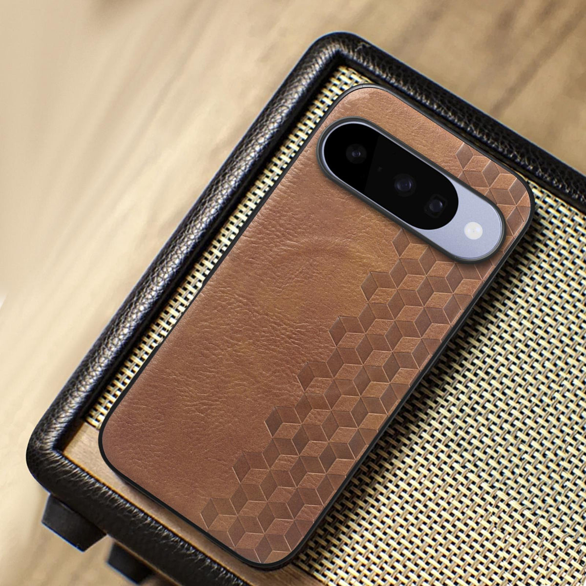 For Google Pixel 11 Pro 3D Cubic Grid Pressed Magnetic PU Back Cover Phone Case - Brown - SYA003483404A