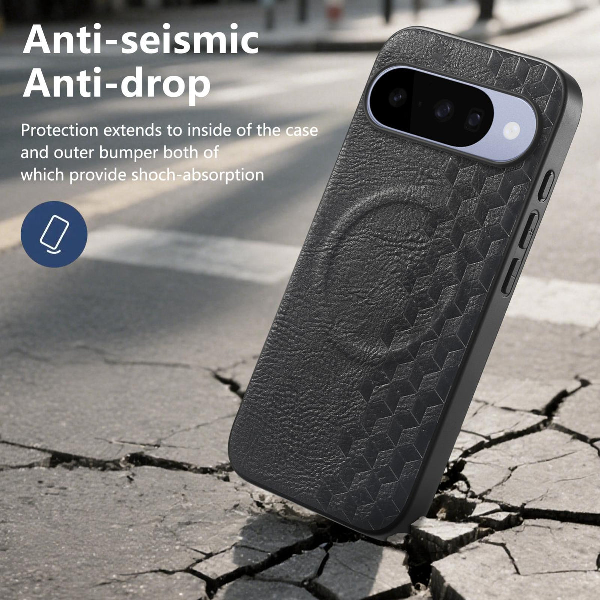 For Google Pixel 11 Pro 3D Cubic Grid Pressed Magnetic PU Back Cover Phone Case - Black - SYA003483404B