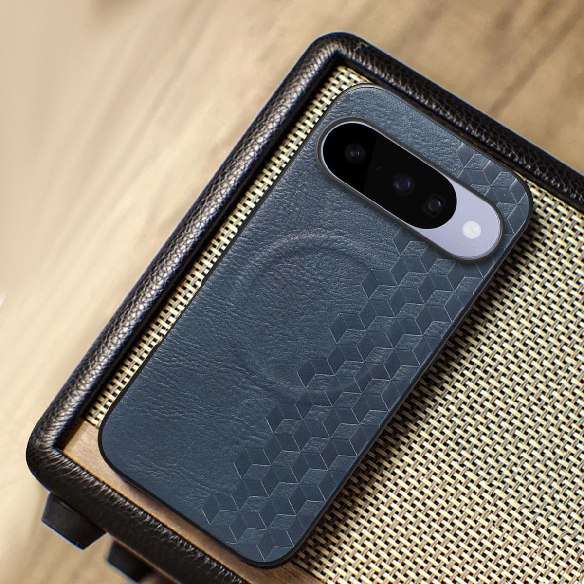For Google Pixel 11 Pro 3D Cubic Grid Pressed Magnetic PU Back Cover Phone Case - Blue - SYA003483404D