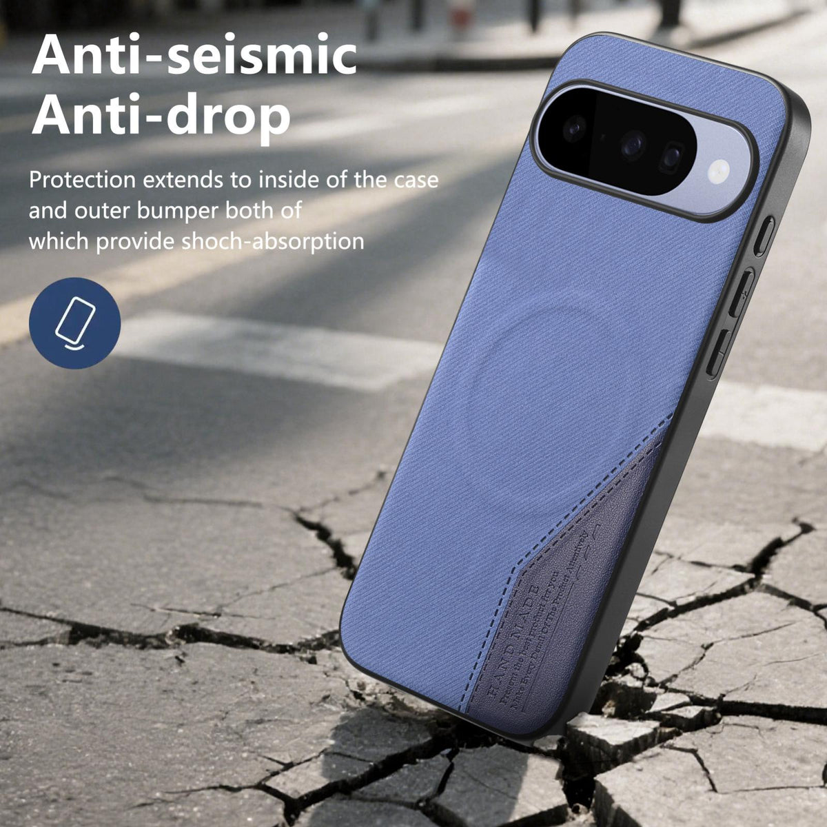 For Google Pixel 11 Pro Splicing Fabric Magnetic PU Back Cover Phone Case - Blue - SYA003483604B