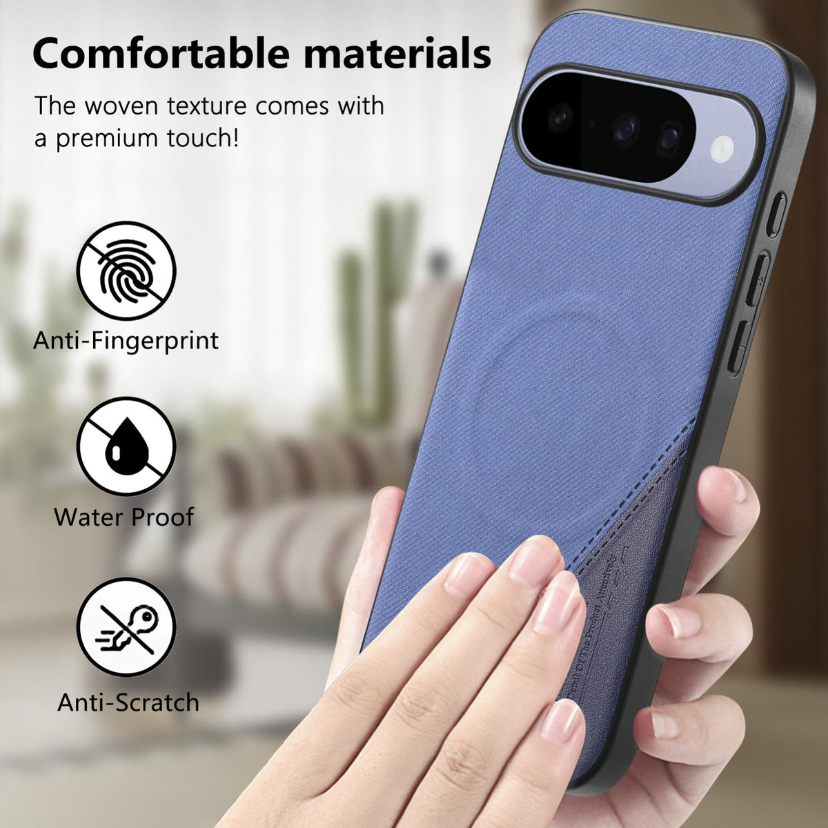 For Google Pixel 11 Pro Splicing Fabric Magnetic PU Back Cover Phone Case - Blue - SYA003483604B