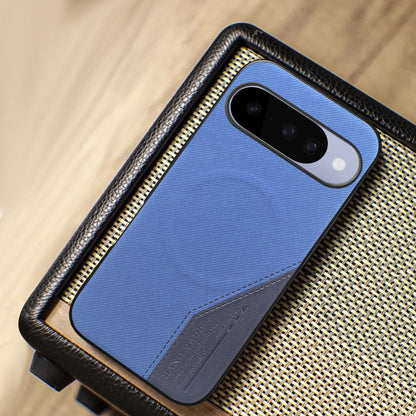 For Google Pixel 11 Pro Splicing Fabric Magnetic PU Back Cover Phone Case - Blue - SYA003483604B