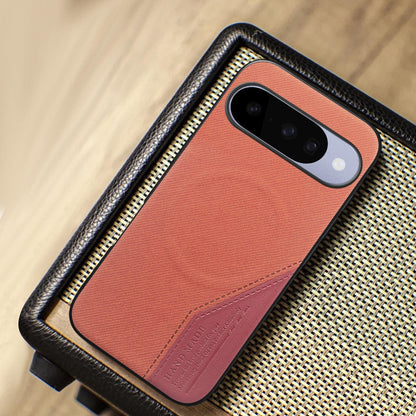 For Google Pixel 11 Pro Splicing Fabric Magnetic PU Back Cover Phone Case - Brown - SYA003483604D