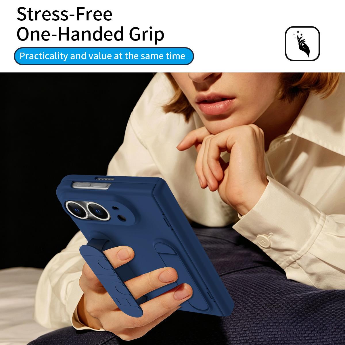For iPhone Duo Bazher Shell Film Integrated Holder Shockproof Phone Case - Navy Blue - SYA003484101A