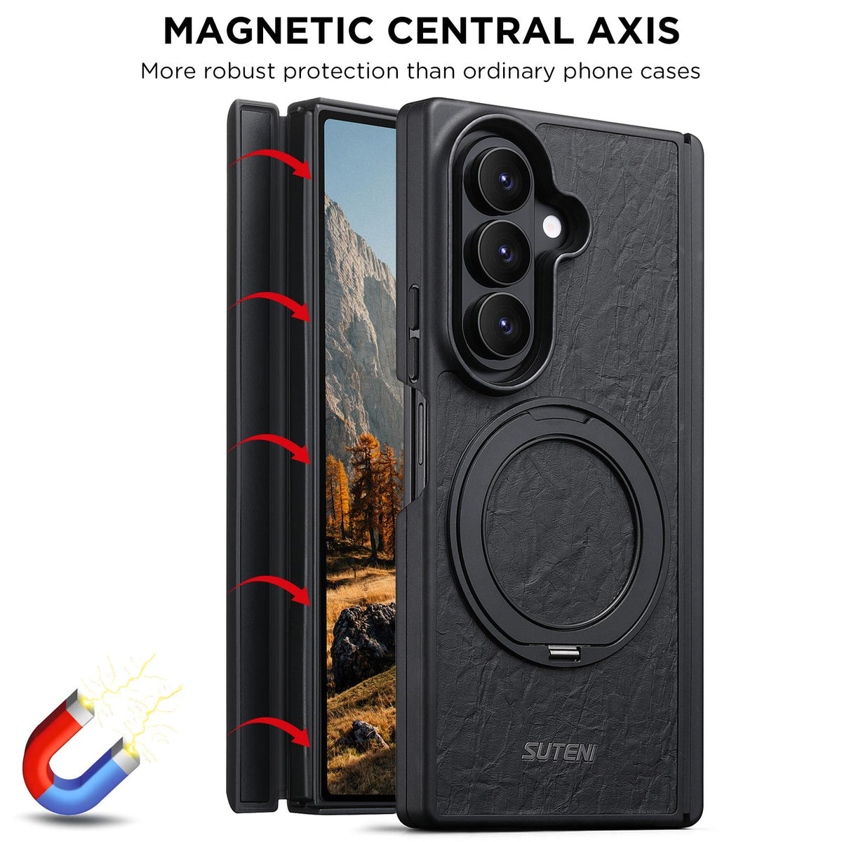 For Galaxy Z Fold8 Ultra 5G Suteni G9 Rock Texture Hinge Magnetic Holder Phone Case - Black - SYA003490502A