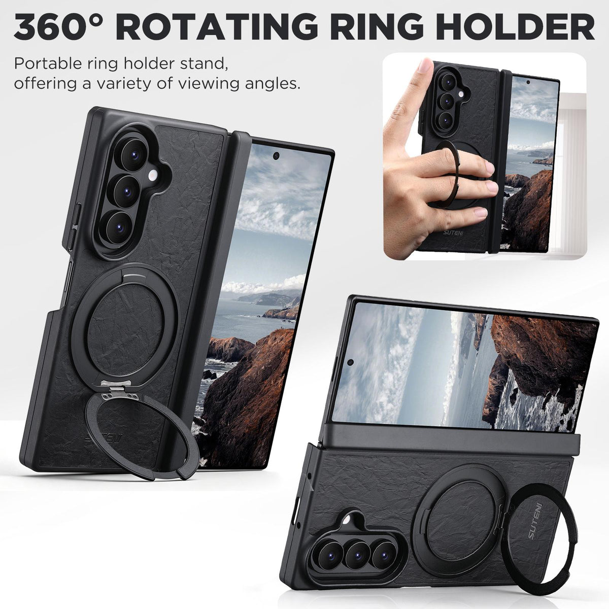 For Galaxy Z Fold8 Ultra 5G Suteni G9 Rock Texture Hinge Magnetic Holder Phone Case - Black - SYA003490502A
