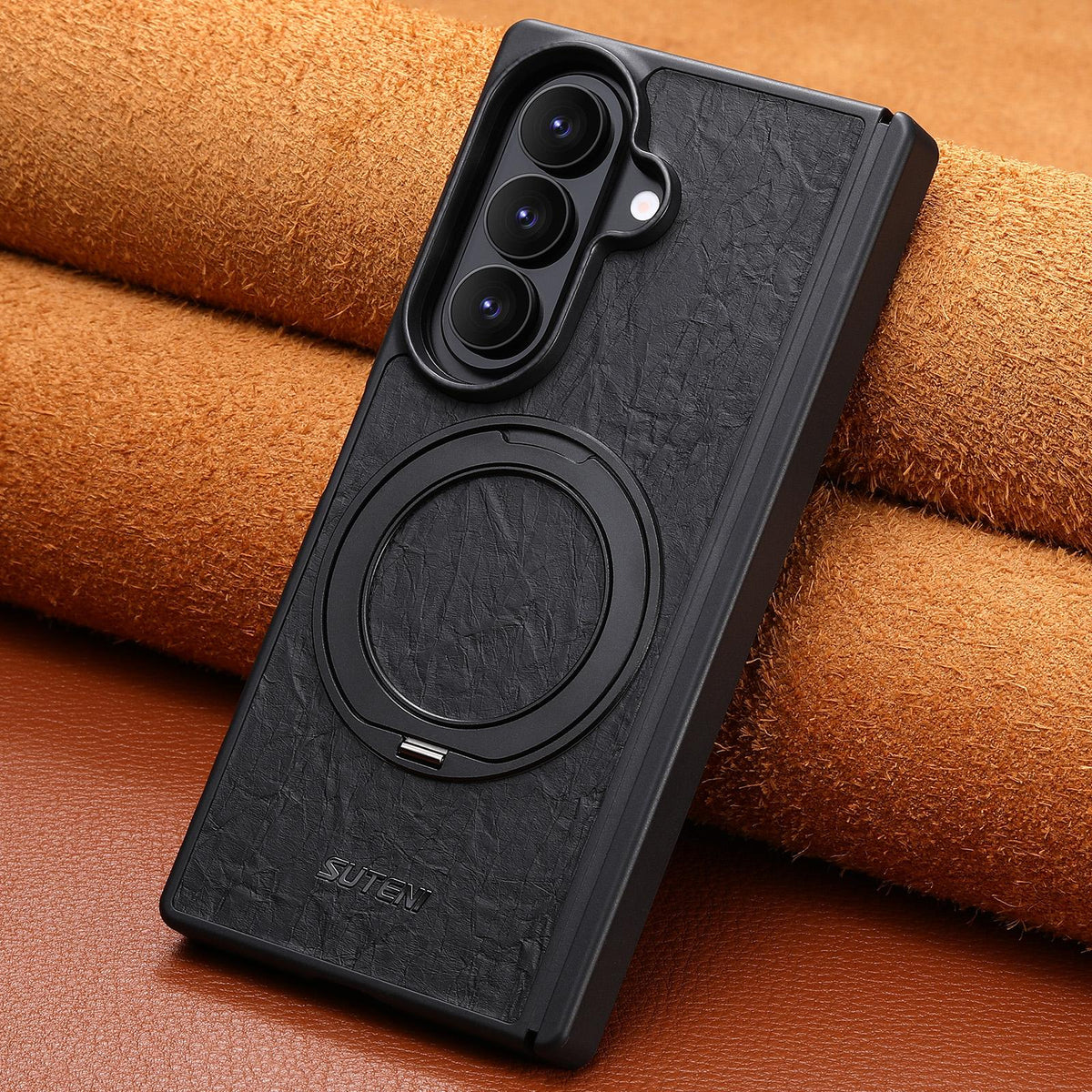 For Galaxy Z Fold8 Ultra 5G Suteni G9 Rock Texture Hinge Magnetic Holder Phone Case - Black - SYA003490502A