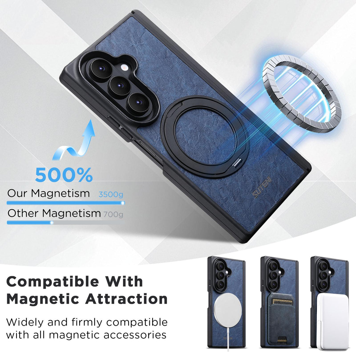 For Galaxy Z Fold8 Ultra 5G Suteni G9 Rock Texture Hinge Magnetic Holder Phone Case - Blue - SYA003490502C