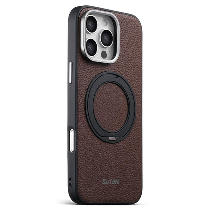 For iPhone 15 Suteni G9 Large Lychee Pattern Magnetic Holder Phone Case - Brown - SYA003490701B