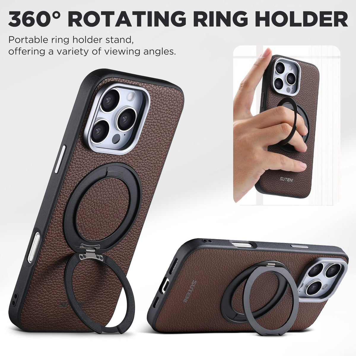 For iPhone 15 Suteni G9 Large Lychee Pattern Magnetic Holder Phone Case - Brown - SYA003490701B