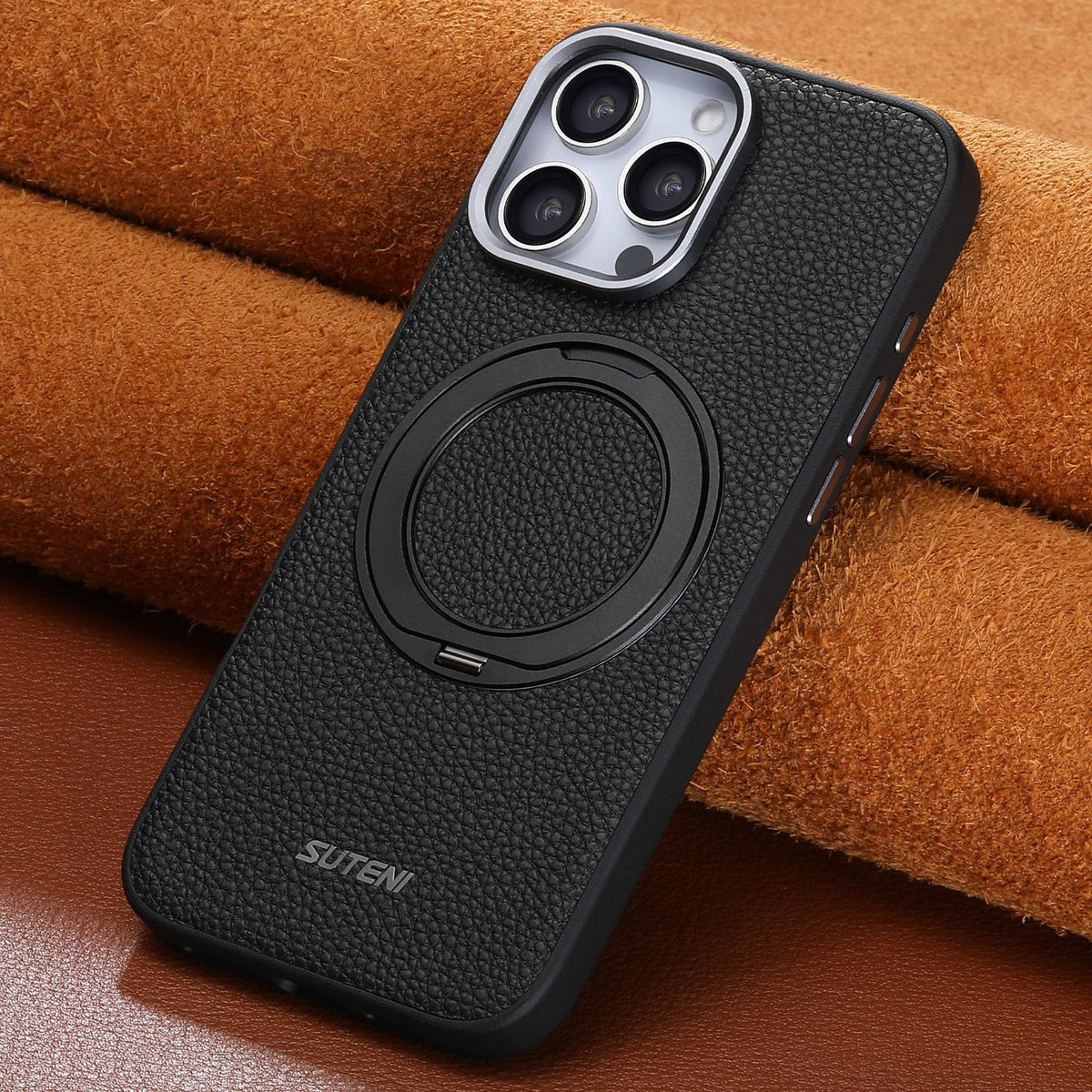 For iPhone 15 Pro Suteni G9 Large Lychee Pattern Magnetic Holder Phone Case - Black - SYA003490702A
